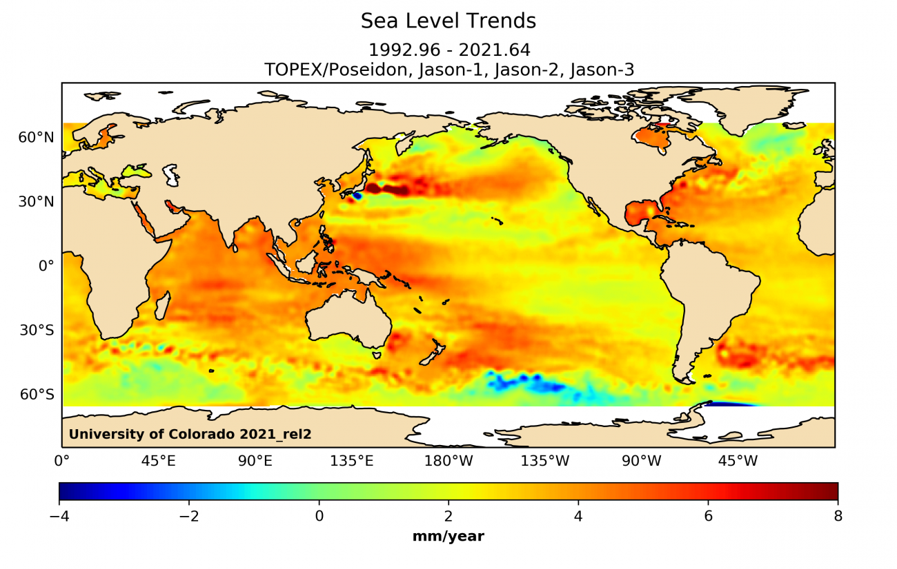 TOPEX Poseidon Jason satellite sea level trend map